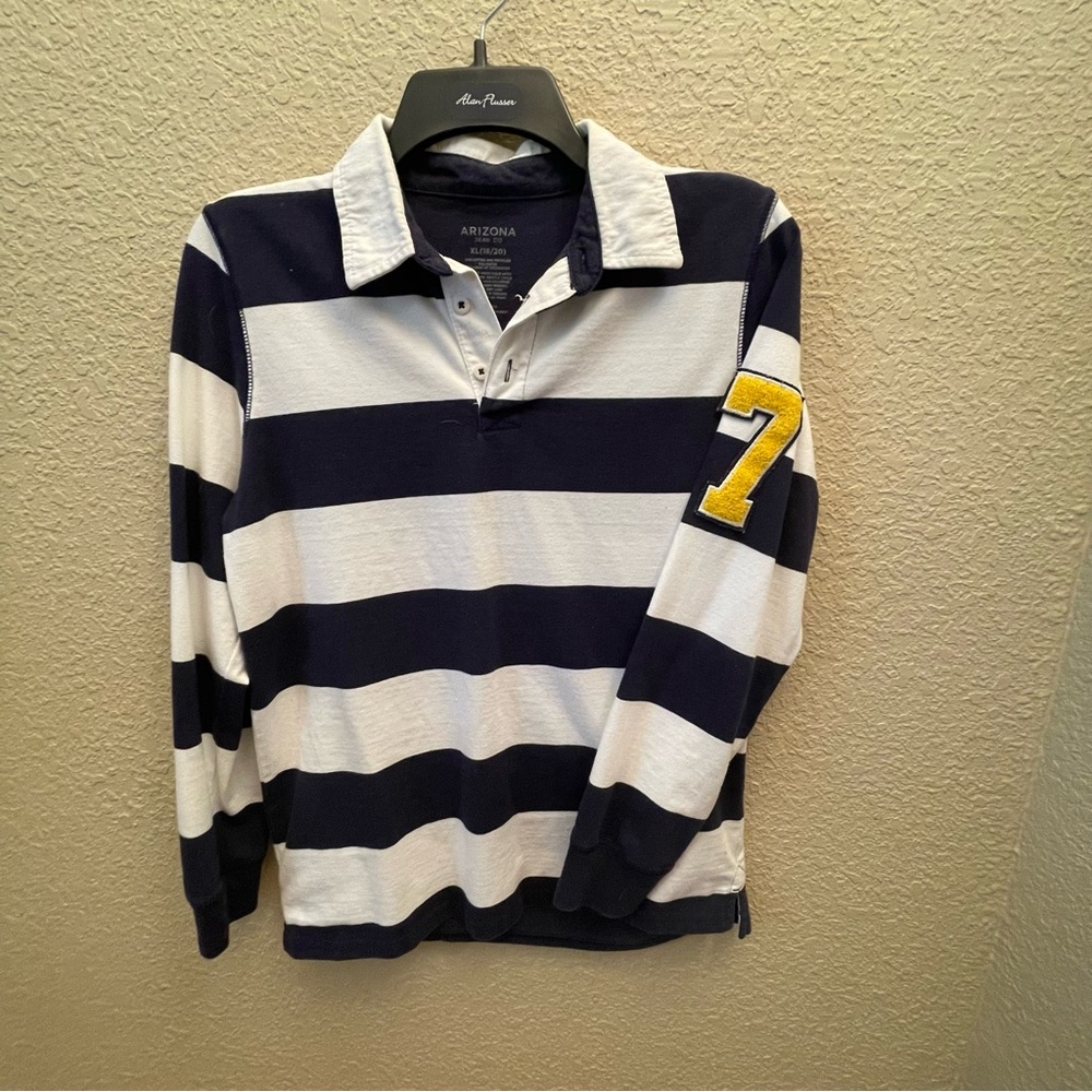Boys xl 18/20 navy white stripe long sleeve rugby shirt Arizona jeans co.